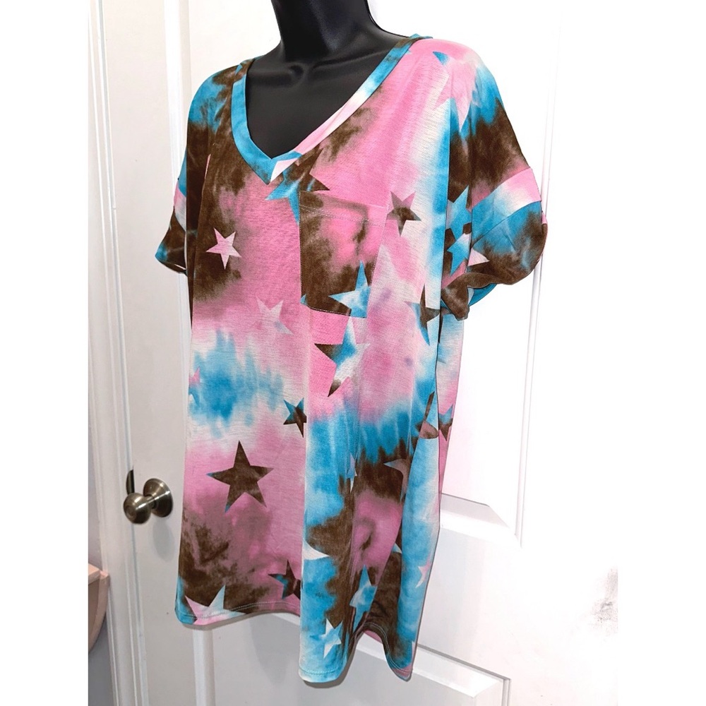Sew in Love pink/blue/brown star print tee - Picture 2 of 5